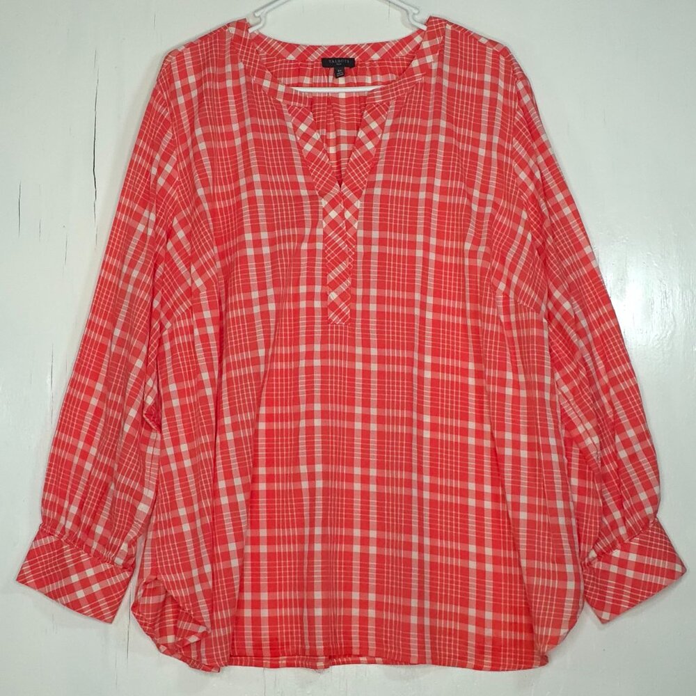 Talbots Coral & White Plaid Popover Blouse 3XL Country Cottagecore
